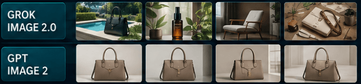 Grok Image 2.0 and GPT Image 2 ecommerce examples