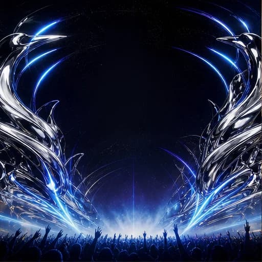 Abstract chrome concert artwork with electric blue light trails