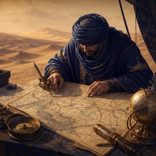 Illustrated desert cartographer studying a map with brass tools