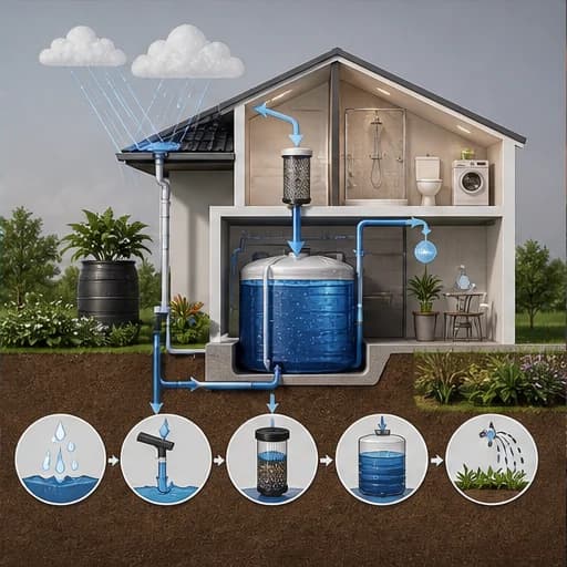 Cutaway house infographic showing a rainwater collection system
